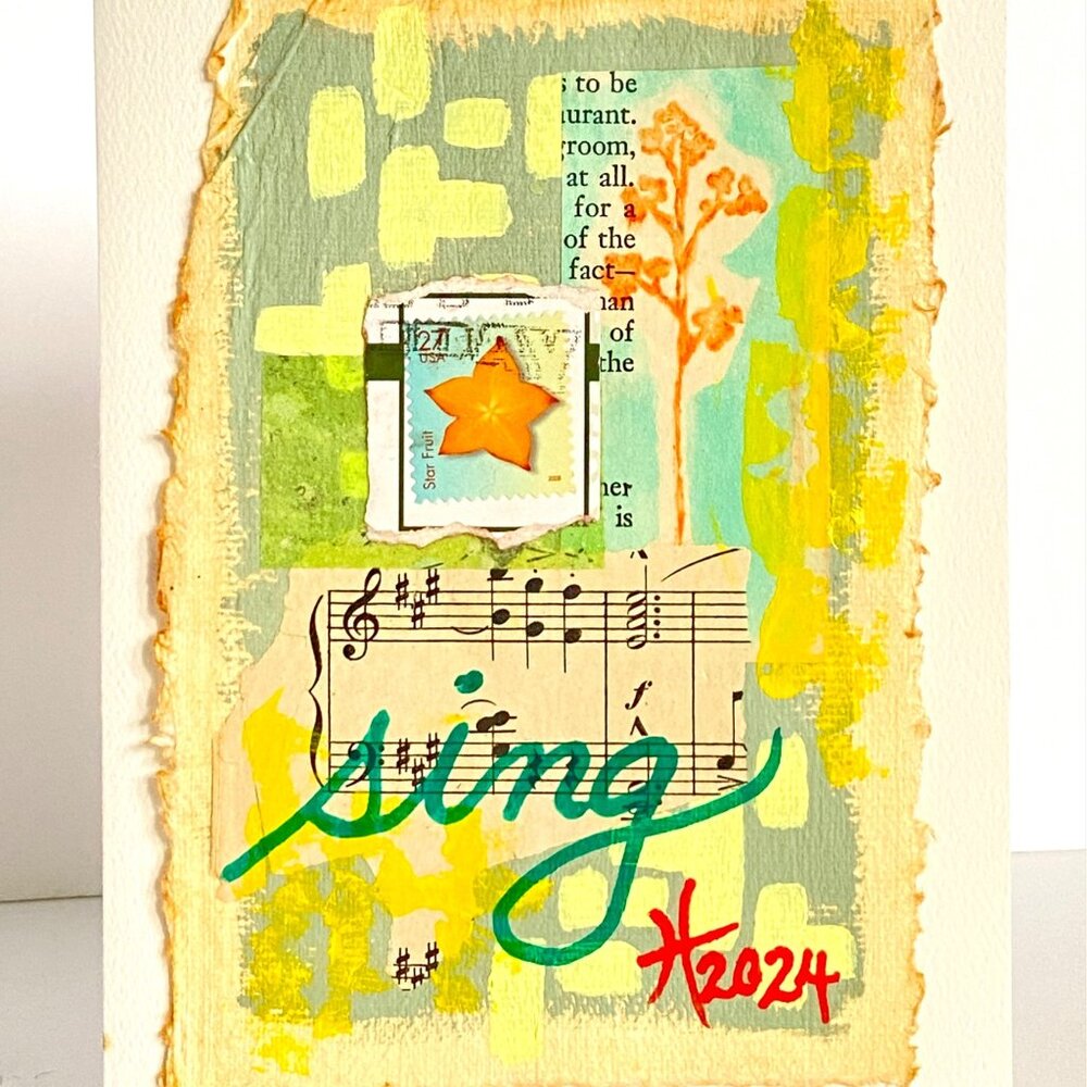 Collage Art Handmade Original Blank Greeting Card and Envelope Postage Stamp
